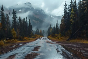 Serene Rainy Road Through Misty Mountains and Autumn Forest
