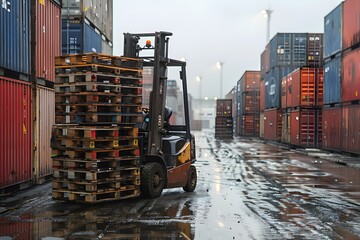 Forklift Maneuvering Through Rainy Shipping Yard with Stacked Pallets