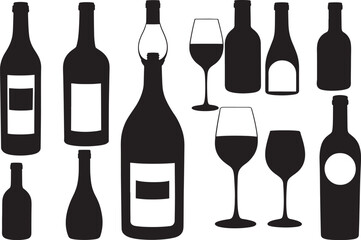 Set of wine bottle silhouette isolated on white background