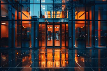 Modern Glass Entrance with Vibrant Reflections at Dusk
