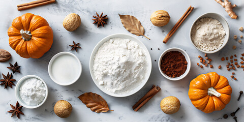 Fototapeta premium Flat lay featuring ingredients for baking pumpkin pie on light grey background. Great autumn holiday cooking design.