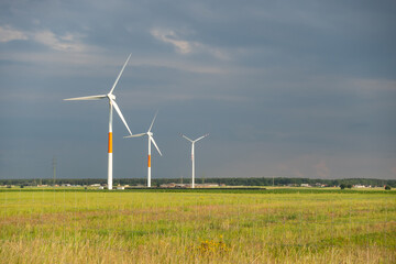 Distant white wind turbines against a dramatic cloudy sky. Meadow in the foreground, taken late afternoon