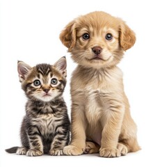 Fototapeta premium A puppy and a kitten sit together on a white background