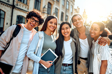 Portrait of a group of beautiful successful multicultural students smiling standing outside on the campus. Education for all. Student life.