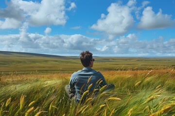 Serene Moments in Nature: A Person Enjoying the Tranquility of a Vast Green Landscape