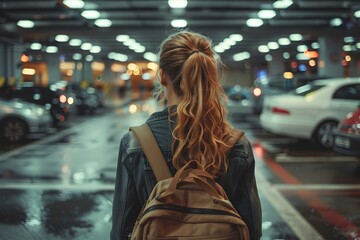 A Young Woman Strolling Through a Dimly Lit Parking Garage
