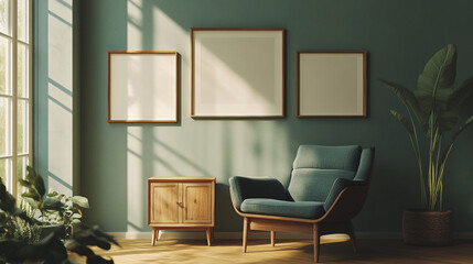 Brightly lit modern living space featuring a cozy chair, wooden furniture, and minimalistic decor in the afternoon sunlight