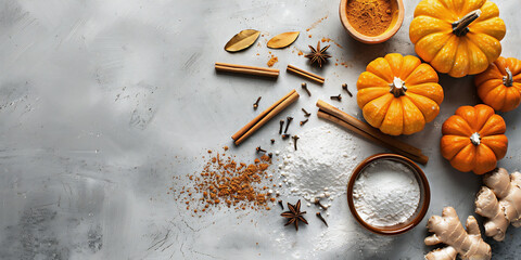 Flat lay featuring ingredients for baking pumpkin pie on light grey background. Great autumn holiday cooking design with copy space.