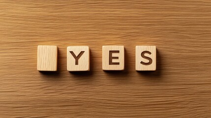 Scattered wooden cubes display the word YES in bold black ink, showcasing varying shades and textures, emphasizing choice and clarity in a simple backdrop