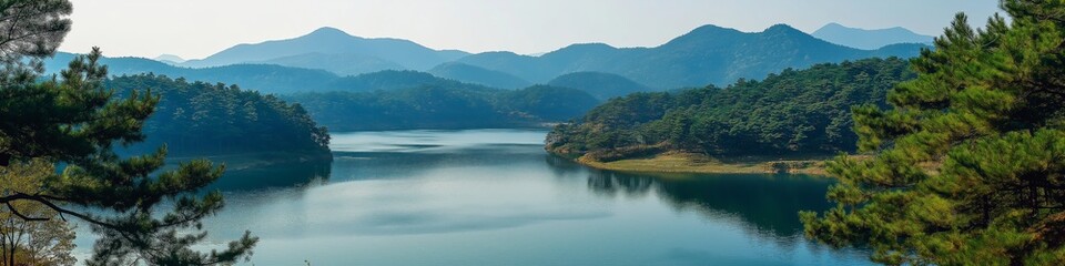 Obraz premium A beautiful lake surrounded by mountains. The water is calm and clear, reflecting the trees and sky. The scene is peaceful and serene, making it a perfect place to relax and enjoy nature
