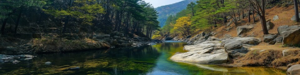 Obraz premium A river with a green reflection on the water. The water is calm and peaceful. The trees surrounding the river are lush and green
