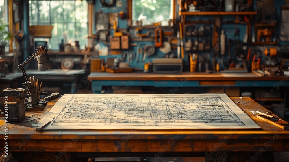 Poster blueprint on a workshop table