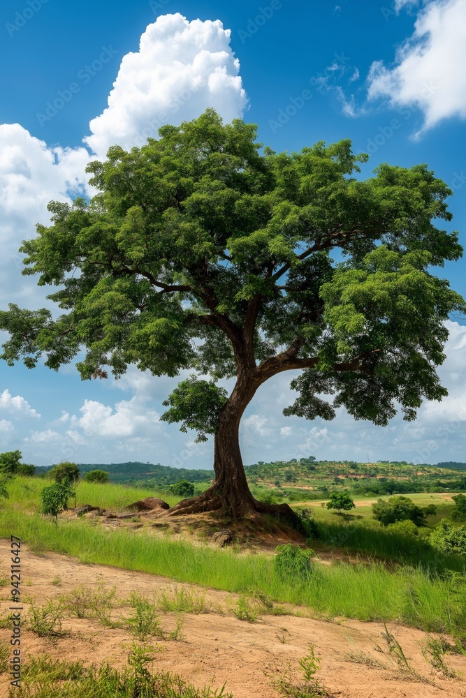 Poster a large tree is standing in a field with a blue sky in the background. the tree is surrounded by gra