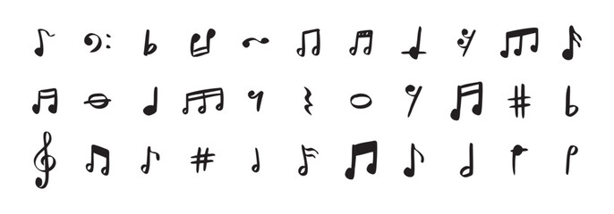 Notes doodle set hand drawn with a black pen. Sketch music drawing note 