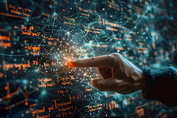 Fototapeta premium Exploring the Universe of Knowledge: A Hand Interacting with a Digital Equation Wall