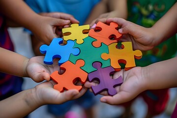 Collaborative Play: Children Joining Puzzle Pieces Together