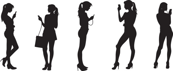 set of woman with cellphone silhouette white background