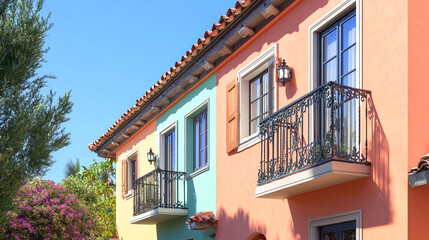 Fototapeta premium Charming colorful houses with balconies on a sunny day in a tranquil neighborhood