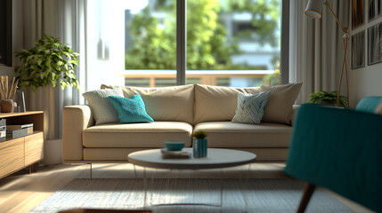 Fototapeta premium Cozy living room with natural light streaming through large windows, featuring a beige sofa and potted plants in a modern apartment