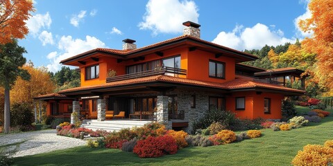 Obraz premium Elegant two-story orange house with a spacious porch surrounded by vibrant autumn foliage, featuring a mix of contemporary and rustic architectural elements