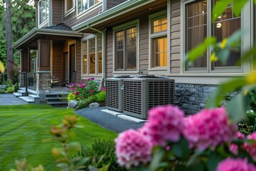 Beautifully Landscaped Home with Air Conditioning Units and Vibrant Flowers