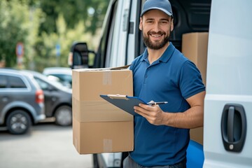 A friendly delivery driver with a beard and cap is seen in a parking lot next to a delivery van, holding cardboard boxes and a clipboard. He is ready to deliver packages to customers