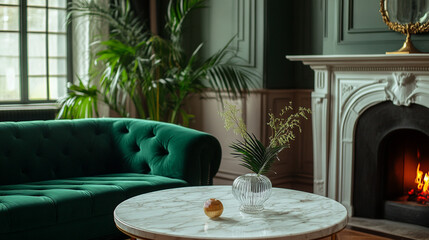 Fototapeta premium Cozy living room with a green tufted sofa, marble table, and a fireplace creating an inviting atmosphere in a stylish interior