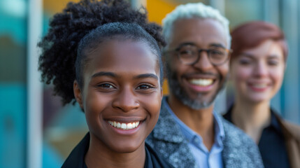Diverse team of professionals smiling in an urban setting.