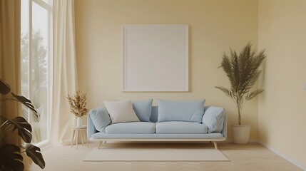 A serene living room with a pale blue sofa and an empty white frame on a soft beige wall.