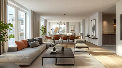 Spacious modern living room with elegant dining area and natural light during the day in a stylish urban apartment