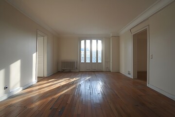Obraz premium Spacious and Bright Unfurnished Room with Wooden Floors and Large Windows