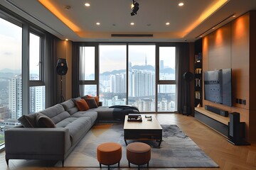Obraz premium Modern Living Room with Stunning City View and Elegant Decor