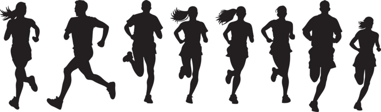  set of vector silhouette of running people white background