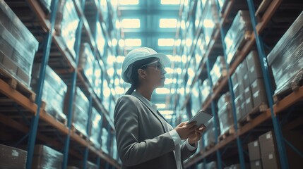 A professional woman in a hard hat and business attire stands in a warehouse aisle, using a digital tablet to manage inventory. The scene is filled with boxes and high shelves stretching upwards.