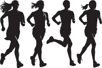  set of vector silhouette of running people white background