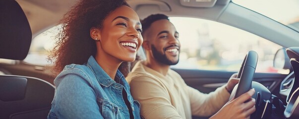 Happy couple enjoying a joyful drive together in a brightly lit car on a sunny day, expressing happiness, freedom, and the spirit of adventure