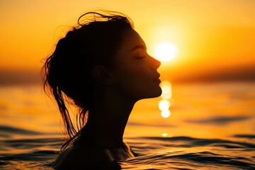 Silhouette of a woman standing in the sea at sunset, during the golden hour, with a romantic and dreamy atmosphere Generative AI