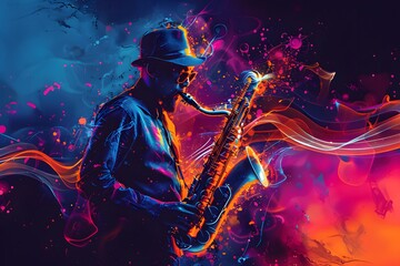 Vibrant Jazz: A Saxophonist in a Colorful Musical Dreamscape