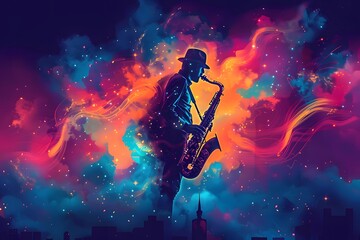 Obraz premium Vibrant Jazz: A Saxophonist in a Cosmic Symphony of Colors
