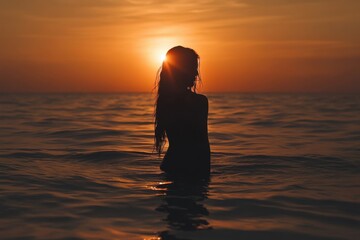 Fototapeta premium Silhouette of a woman standing in the sea at sunset, backlit, beautiful girl, beautiful young lady, beach background, beautiful evening sky Generative AI
