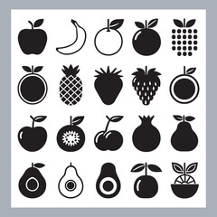 Fruits silhouette icon set, symbol style, Fruits Apple, banana, orange, mango, grape, pineapple, strawberry, watermelon, pear, cherry, kiwi, blueberry, papaya, peach, pomegranate silhouette