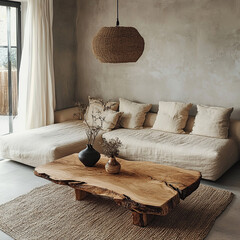 Boho interior design of modern living room with natural materials