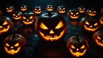 Spookily jack-o-lantern pumpkins glow during Halloween celebration at night