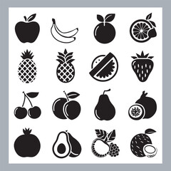 Fruits silhouette icon set, symbol style, Fruits Apple, banana, orange, mango, grape, pineapple, strawberry, watermelon, pear, cherry, kiwi, blueberry, papaya, peach, pomegranate silhouette