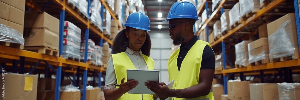 Poster in a organized storage facility, two workers in safety gear use a tablet to discuss logistics, surro