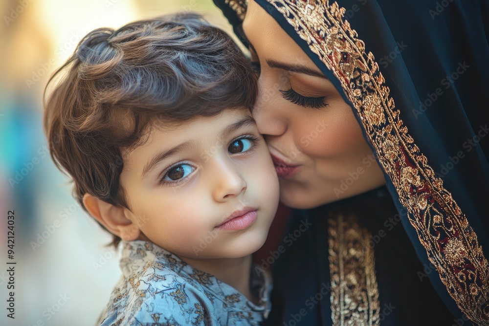 Wall mural Loving Arab mother kisses his son. Arabic parent with young boy child. Middle East Family. Woman in Abaya. Young kid on Kandura traditional dress for boys in the Middle East with generative ai