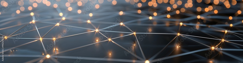 Poster Abstract network with glowing nodes and interconnections, representing data flow, technology, and digital communication on a dark background with bokeh lights for a futuristic concept.