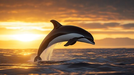 A Southern right whale dolphin leaping out of the water with a sunset in the background, showcasing its smooth, black and white body.