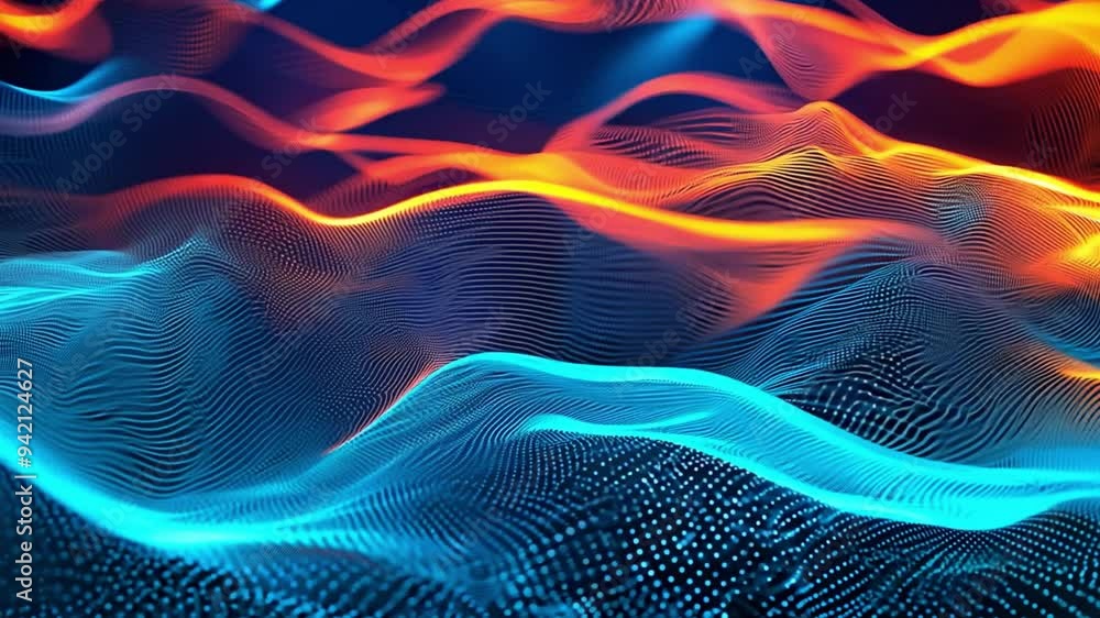 Poster colorful wave patterns ripple in electric blue and fiery orange, creating a dynamic and mesmerizing 