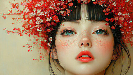 Drawing of an Asian girl's face on a sakura background.